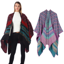 Women's Wrap Pashmina Poncho Cape Wool-Like Shawl Reversible Design Long Cardigan Sweater Ruana